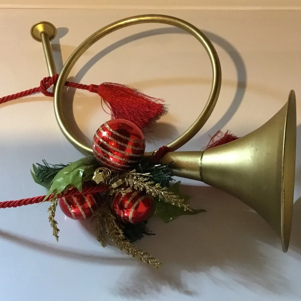 Christmas Decor Festive Gold and Red Decorative French Horn